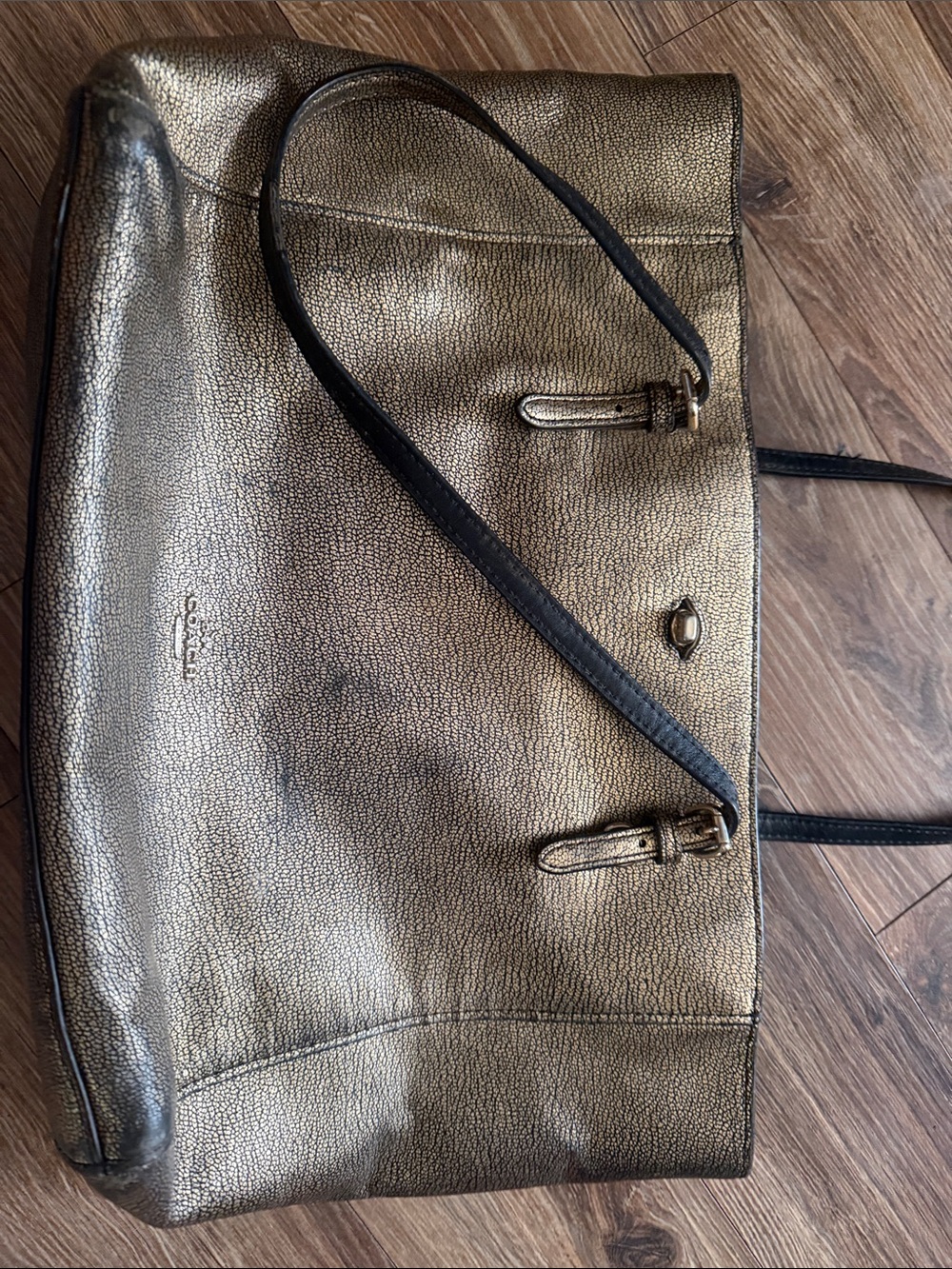 Coach Metallic Gold Leather Laptop Tote with Black Straps